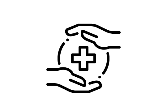 Icon showing hands holding a circle with first aid cross in the middle