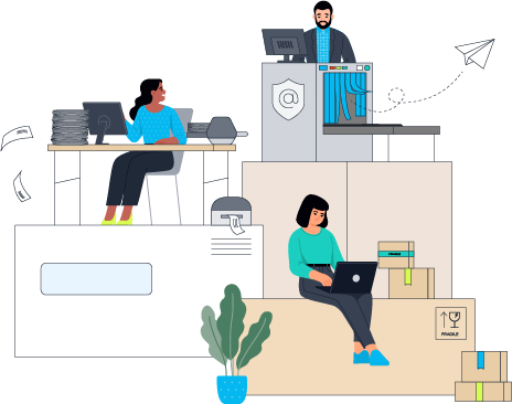 an illustration of 3 people using their laptops in an office